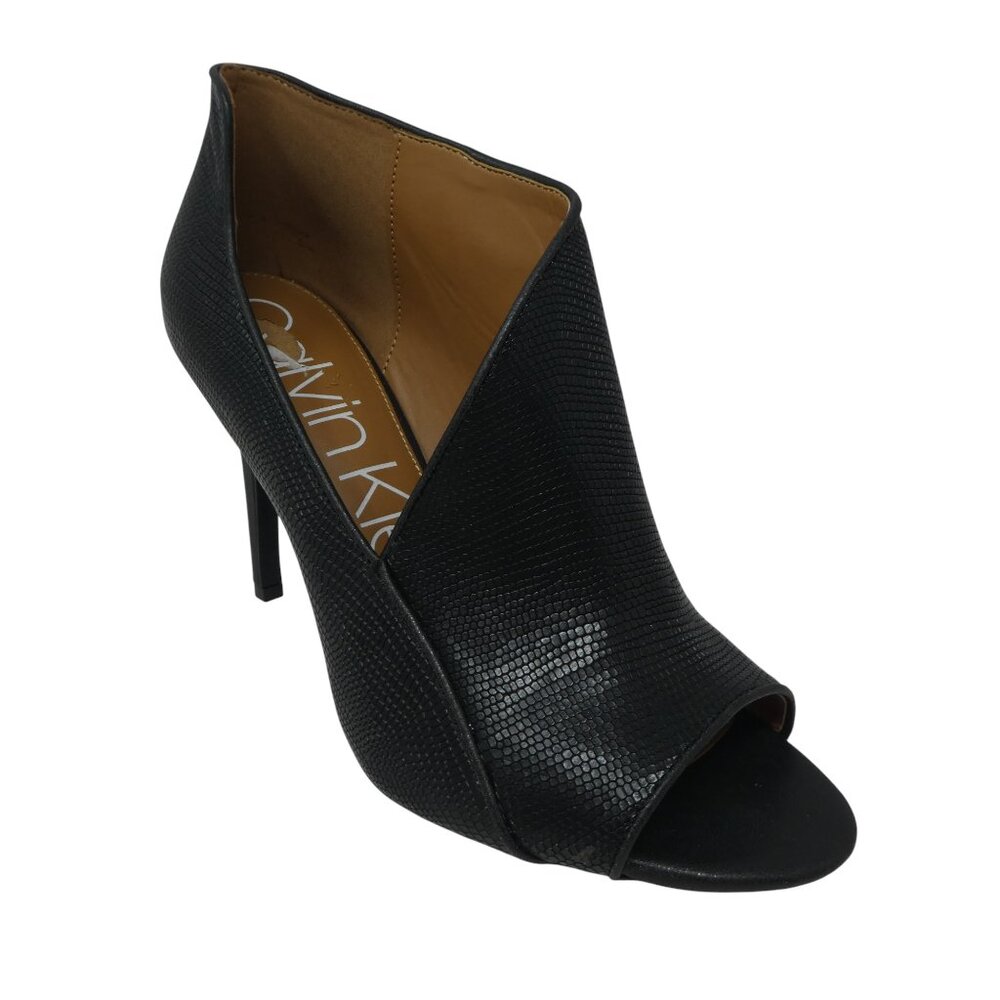 Calvin Klein Nastassia Black Leather Peep Toe Side Cut Stiletto Heels Booties